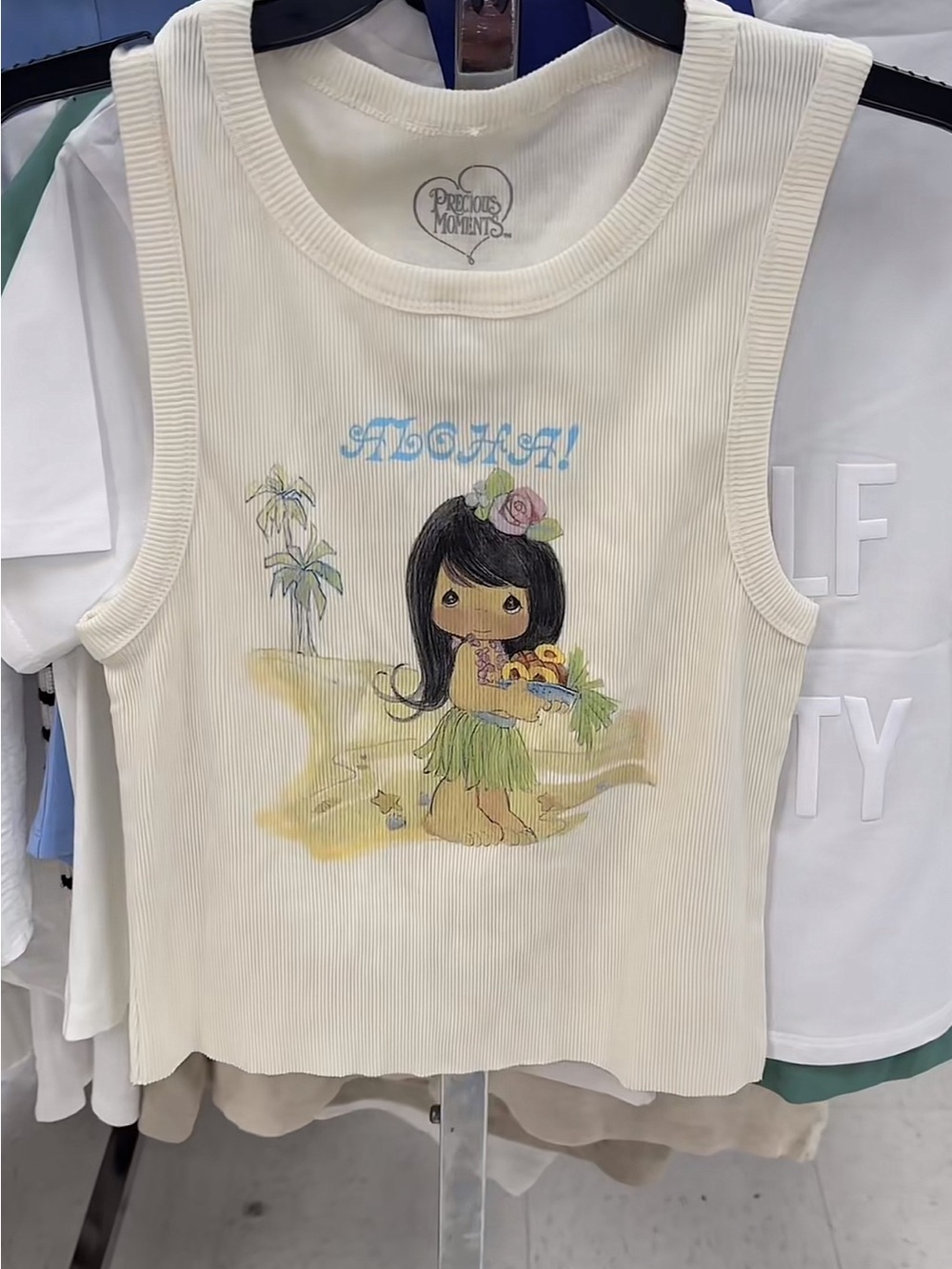 ISO: Precious Moments Cream Ribbed Tank with Island Graphic
